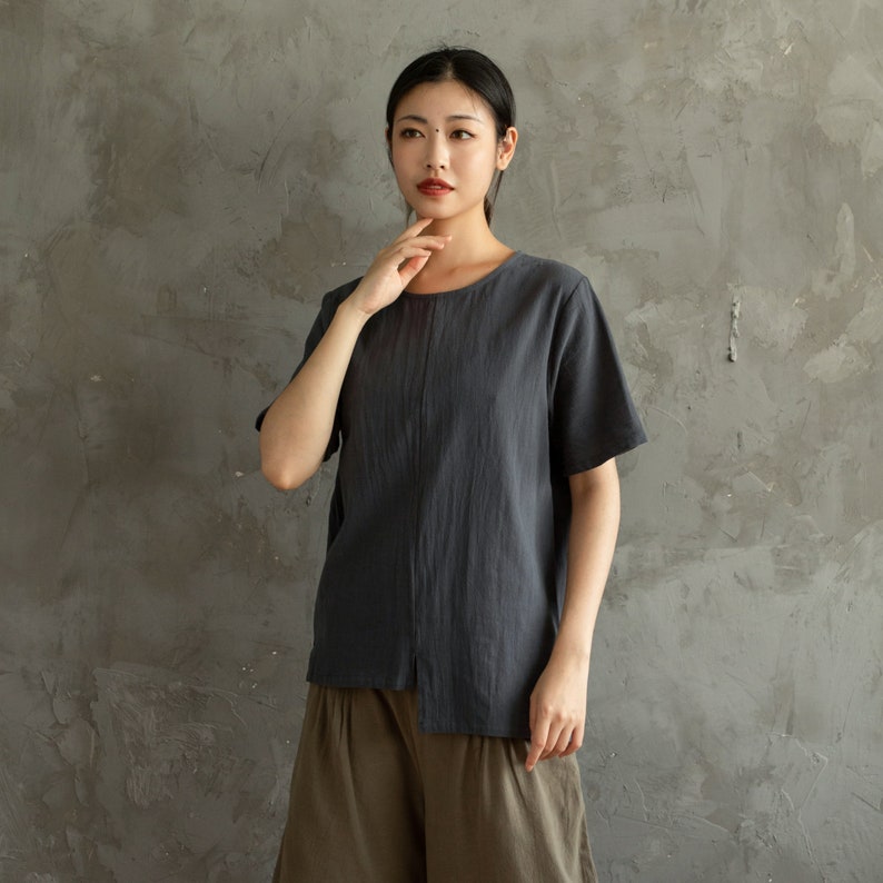 Summer Cotton Tops Women's Shirt Short Sleeves Blouse Irregular Casual Loose Kimono Customized Shirt Top Plus Size Clothes Linen image 3