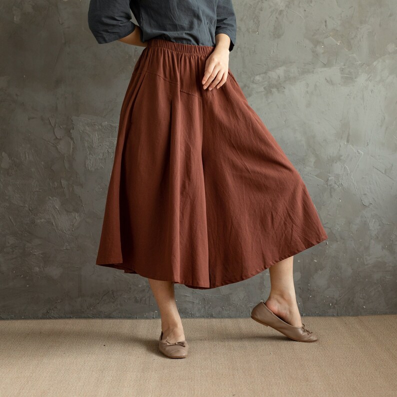 Summer Elastic Waist Cotton Pants Soft Casual Loose Cropped Pant Midi Trousers Wide Leg Skirt Pant Customized Plus Size Pants Linen image 4