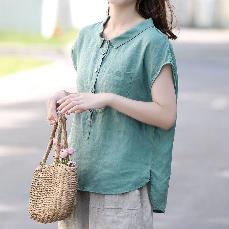 Women's Summer Cotton Tops Short Sleeves Blouse Casual Etsy