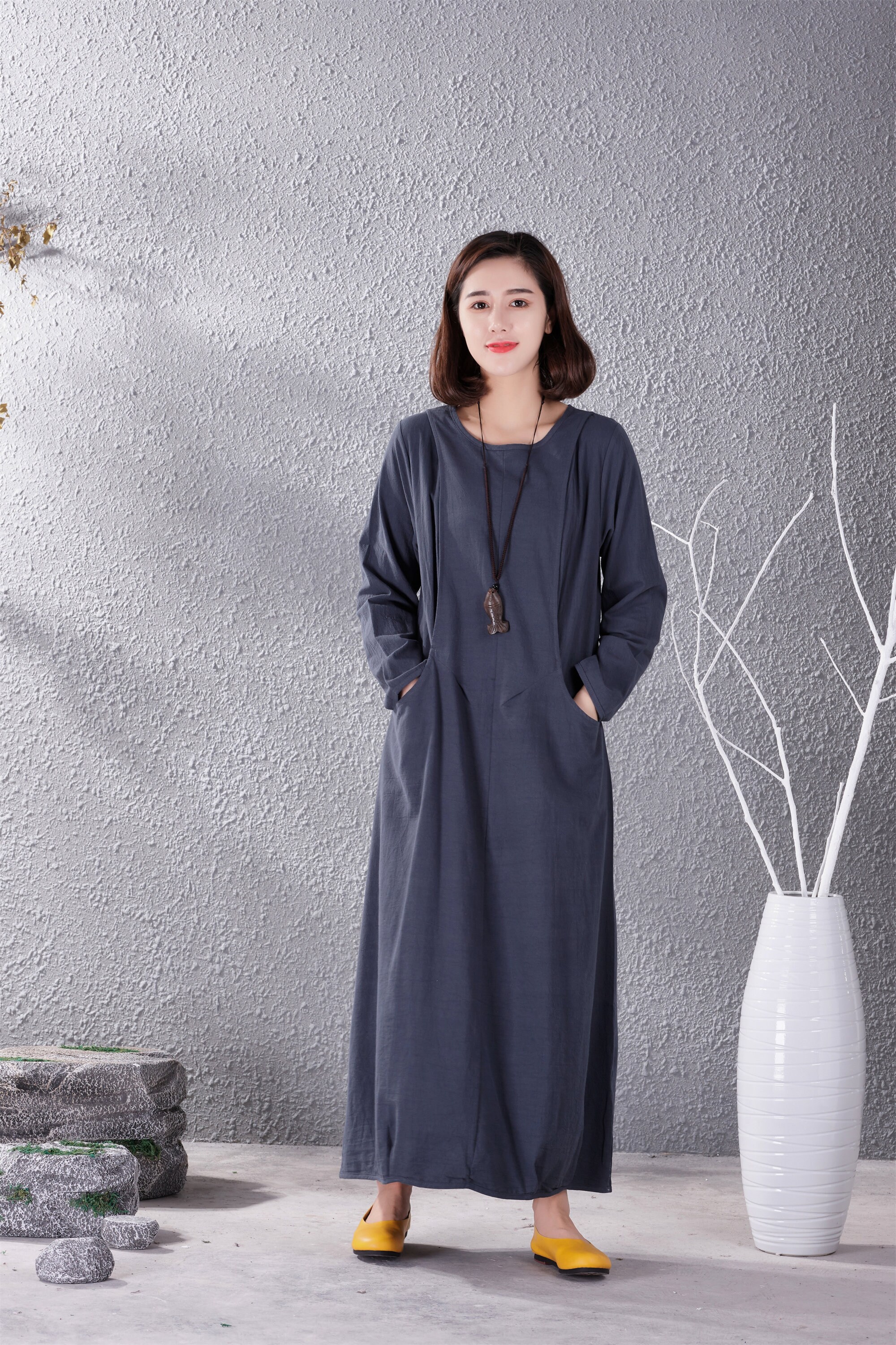 Clearance Spring Fall Dress Cotton Dress Casual Loose Soft Dresses Long Sleeves Maxi Dress Warm Homewear