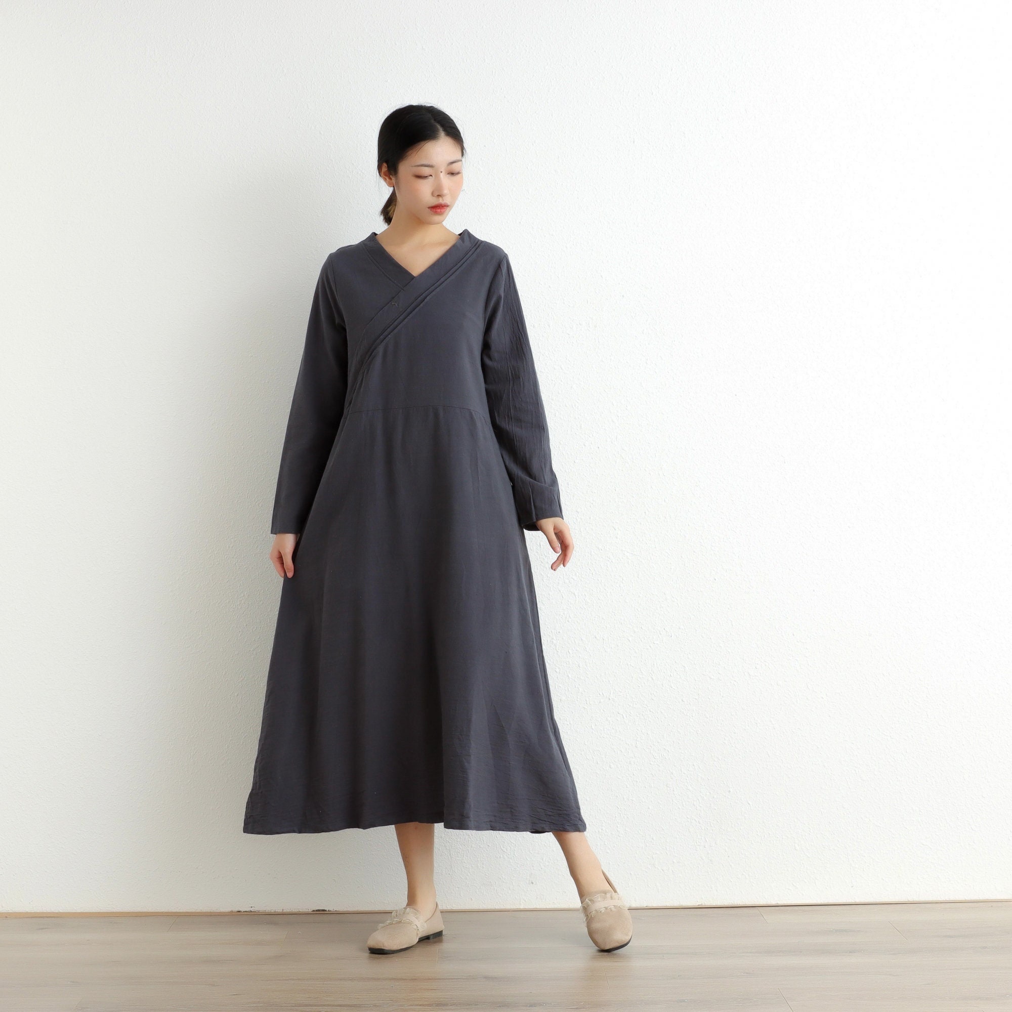 Winter/autumn Thick Cotton Dress Long Sleeves Dress Linen - Etsy Israel