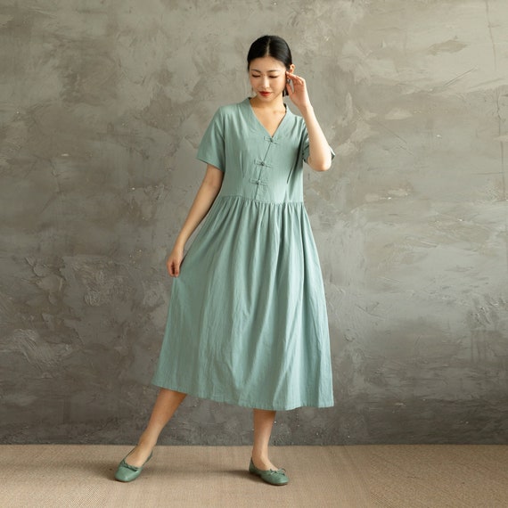 Summer Cotton Dress Shirt Casual Loose Dress Tunics Short Sleeves Robes Midi Dresses Customized Dress Plus Size Clothing Linen