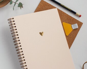 Notebook A5 with gold embossed heart in rose, diary with ring binding, journal, ring binder, notepad, blank, notebook, carnet