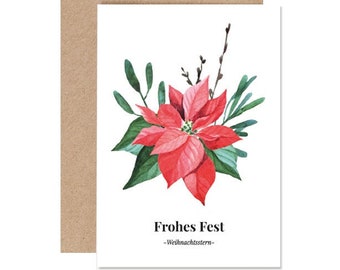 Tarjeta navideña con flor de Pascua, correo navideño, saludos navideños, tarjeta navideña A6, tarjeta doblada