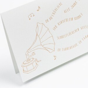 Cartolina di Natale con stampa tipografica, grammofono, canzoni di Natale, regalo di Natale, auguri di Natale, posta di Natale, musica di Natale