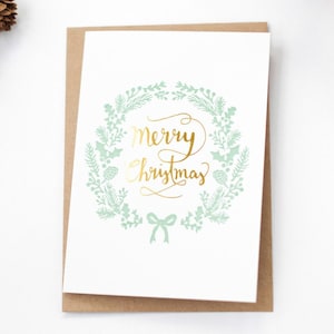 Cartolina di Natale con goffratura dorata e stampa tipografica, buon Natale, ghirlanda, stampa dorata, regalo di Natale, auguri di Natale, posta di Natale