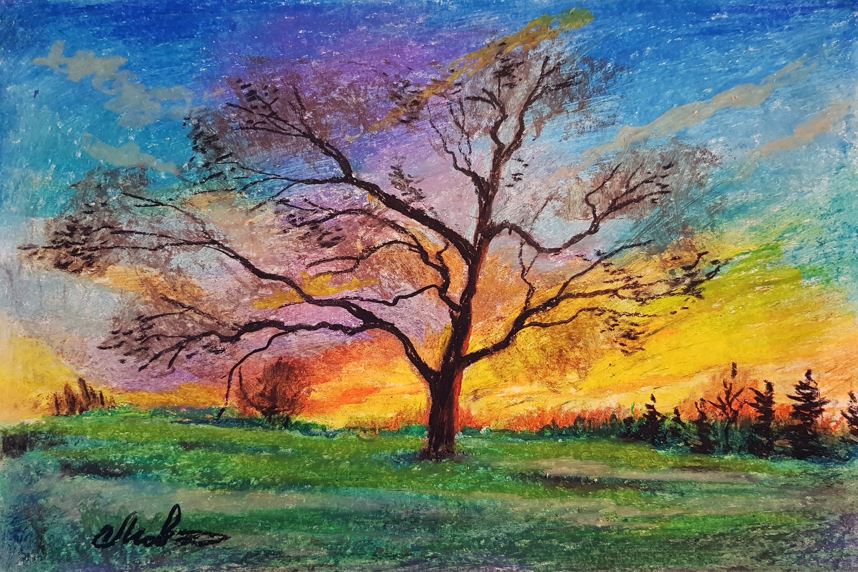 Pastel painting Tree at sunset original work pastel painting Etsy