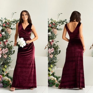 Wine Velvet Bridesmaid Dress Velvet Draped Formal Sleeveless Royal Velvet Floor Length Backless Evening Gown Slip Top Maxi Photoshoot Dress