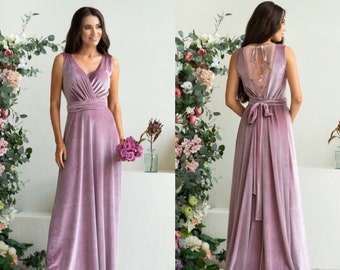 Mauve Velvet Dress Maxi Train Dress Boho Bridesmaid Dress Long 80 Prom Dress Dress with Train Sleeveless Dress Wedding Guest Dress