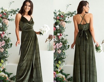 Khaki Spaghetti Strap Velvet Wrap Bridesmaid Dress Sleeveless Boho High Slit Feminine Tunic Wrap Dress Royal Evening Gown Photoshoot Boho