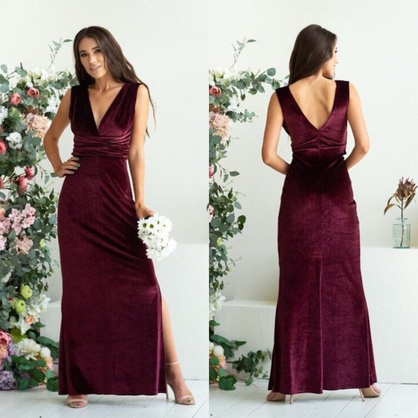 Wine Vneck Velvet Bridesmaid Dress Formal Sleeveless Royal Velvet Evening Gown Deep Slip Fitted Waist Floor Length Photoshoot Dress