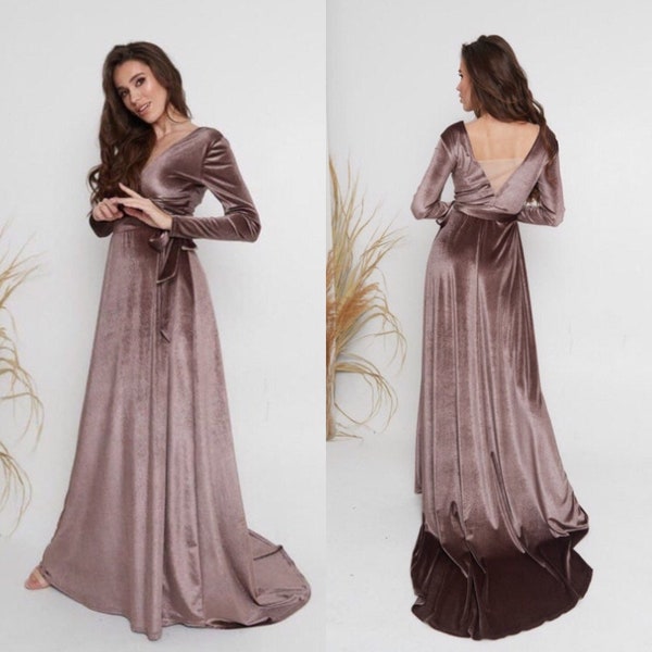 Dark Cappuccino Velvet Dress V Neck Wrap Dress Backless Dress A-line Modest Dress Maxi Dress with Long Sleeves Bridesmaid Long Train Dress