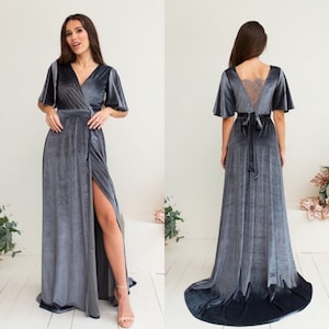 Gray Velvet Wrap Dress Bridesmaid Ball Gown Dress Long Backless Lace 80s Prom Dress with Train Flutter Sleeves Dress Wedding Guest Dress