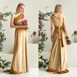 Gold One Shoulder Velvet Dress Floor Length Prom Dress Asymmetric Sleeveless Dress Maxi Train Toga dress Fitted Waist Belt Flowy Photoshoot