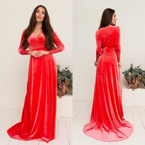 Coral Velvet Dress V Neck Wrap Dress A-line Dress Maxi Dress with Long Lace Sleeves Bridesmaid Long Train Dress Photoshoot dress Prom Gown