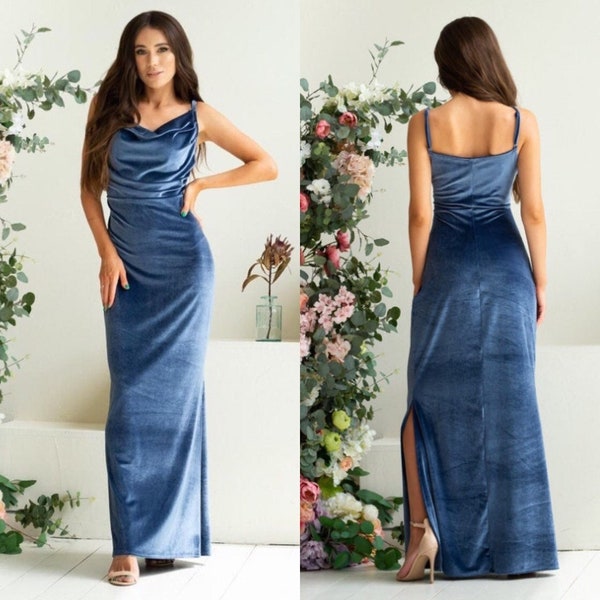 Blue Cowl Neck Velvet Dress Spaghetti Strap dress Zipper Drape Modest Sleeveless Floor length dress Wedding Guest Long Evening Gown