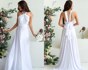 White Simple Alternative Wedding dress Long Infinity Evening Gown Halter Neck Sleeveless Prom Dress Minimal Elegant Boho Flare Wedding dress