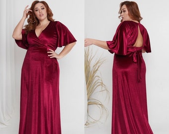 Burgundy Velvet Dress A-line XL Dress High Waist Dress Short Flutter Sleeve Dress 80s Prom Dress Backless Floor Length Bridesmaid Dress