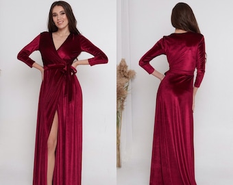 Burgundy Velvet Dress V Neck Wrap Dress A-line Modest Dress Elven Maxi Dress Long Sleeves Bridesmaid Long Train Romantic Prom Dress