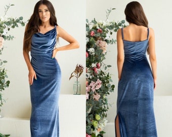 Blue Cowl Neck Velvet Dress Spaghetti Strap dress Zipper Drape Modest Sleeveless Floor length dress Wedding Guest Long Evening Gown