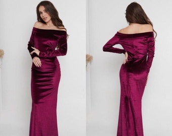 Burgundy Velvet 80s Prom Dress Belle Dress Off Shoulder Dress Slip Dress Long sleeve Maxi Dress with Train Mermaid Prom Dress Elven Dress