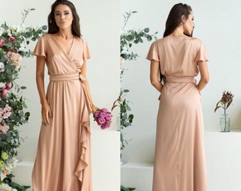Cream Maxi Ruffle Wrap Dress Long Bridesmaid Dress Bell Sleeve V neck Simple Prom Dress Summer Ruffle Skirt Prom Dress Romantic Belle Dress
