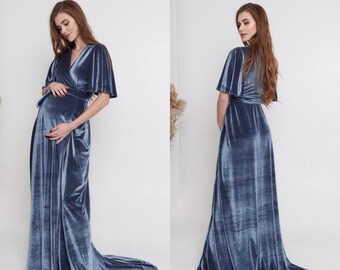 Gray Velvet Maternity Dress Maxi Flutter Sleeve Dress Wrap Half Sleeve Dress Maternity Dress with Train Belle Dress Wrap  Long Dress