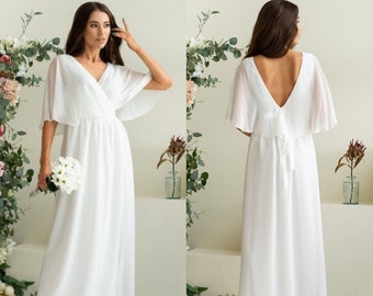 White Chiffon Beach Wedding Boho Toga Romantic Dress Long Boho Flutter Sleeve Dress Flowy Engagement Photoshoot Romantic Greek Goddess Dress