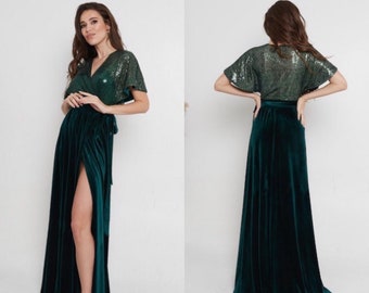 Emerald Wrap Dress High Slit Dress Boho Bridesmaid Dress Long 80s Prom Sequin dress Ball Evening Gown Long Train Dress Flutter Sleeves Robe