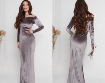 Dark Cappuccino Velvet 80s Prom Dress Belle Dress Off Shoulder Slip Dress Long sleeve Maxi Dress with Train Mermaid Prom Dress Elven Dress