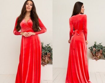 Coral Velvet Dress V Neck Wrap Dress A-line Dress Maxi Dress with Long Lace Sleeves Bridesmaid Long Train Dress Photoshoot dress Prom Gown