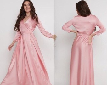 Rose Gold Silk Wrap Dress 3/4 Sleeve Dress Silk Wrap Dress Peasant Dress Half Sleeve Bridesmaid Dress Long Maxi Dress Goddess dress