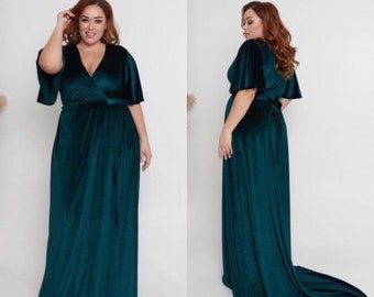 Dark Teal Velvet Bridesmaid Dress Maxi Flutter Sleeve Dress Wrap Half Sleeve Dress Prom Dress Belle Dress XL Wrap Halter Long Dress