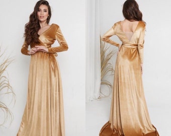 Gold Velvet Long Wrap Dress V Neck Wrap Dress Backless Dress A-line Modest Dress Maxi Dress with Long Sleeves Bridesmaid Long Train Dress