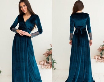 Dark Teal Velvet Dress V Neck Wrap Dress A-line Dress Maxi Dress with Long Lace Sleeves Bridesmaid Long Train Photoshoot Dress Prom Gown