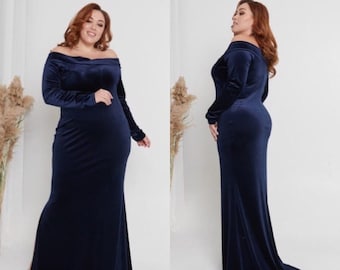 Navy Velvet 80s Prom Dress Belle Dress Off Shoulder Dress Slip Dress Long sleeve Maxi Dress with Train Mermaid Prom Dress Elven Dress