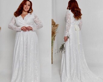 White Wedding Lace Dress Maxi Long Sleeve Dress Lace Gown With Sleeves Ball Gown Formal Long Mesh Dress Wedding Dress with Train