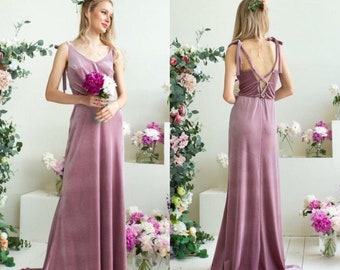 Mauve Long Velvet Gown Flare Maxi Summer Wedding Guest Bohemian Dress Photoshoot Backless Cocktail Prom Train Sleeveless A line Back Dress