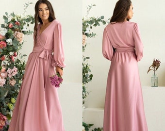 Rose Gold Silk Wrap Dress Long Sleeve Silk Wrap Dress Rustic Peasant Dress Ructic Bridesmaid Dress Long Maxi Dress Goddess V neck Date dress
