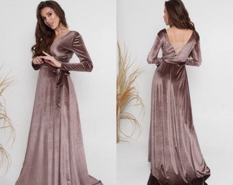 Dark Cappuccino Velvet Dress V Neck Wrap Dress Backless Dress A-line Modest Dress Maxi Dress with Long Sleeves Bridesmaid Long Train Dress