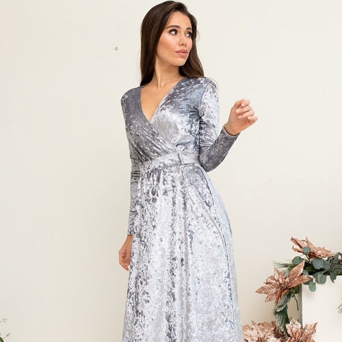 silver velvet dress long sleeve Long Sleeve Silver Velvet Dresses Silver Grey Velvet Dress Mini Dress Wide Sleeve  Long Sleeve Dress