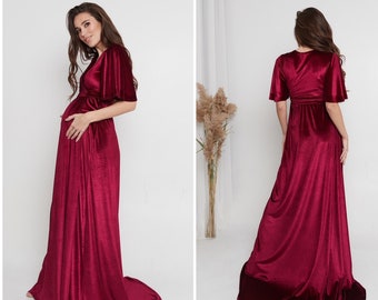 Burgundy Velvet Maternity Dress Maxi Flutter Sleeve Dress Wrap Half Sleeve Dress Maternity Dress with Train Belle Dress Wrap  Long Dress