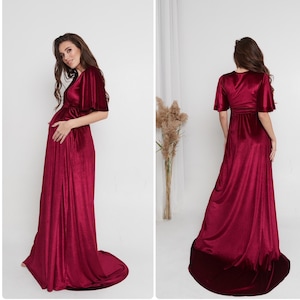 Burgundy Velvet Maternity Dress Maxi Flutter Sleeve Dress Wrap Half Sleeve Dress Maternity Dress with Train Belle Dress Wrap  Long Dress