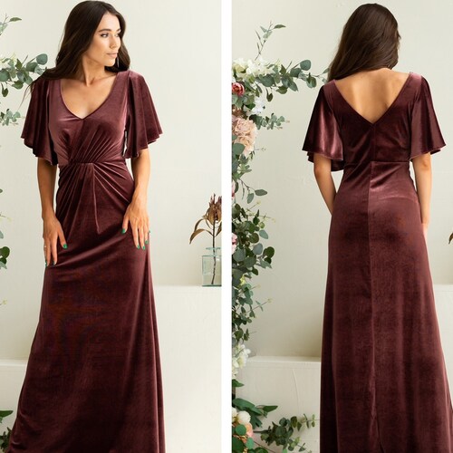 Dusty Rose Velvet Maxi Dress Flutter Sleeves A-Line Style Pesant Dress High Waist Half Sleeve Dress Long Bridesmaid XL Belle Fall Dress