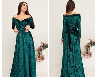 Marble Emerald Velvet Dress Off Shoulder A-line Prom Long Sleeve Dress Maxi Slit Dress Bridesmaid Long Train Dress Off sleeve Prom Gown