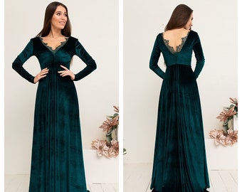 Dark Green Velvet Dress V Neck Lace Dress Backless Dress A-line Modest Dress Maxi Train Dress Long Sleeves Bridesmaid Dress Wedding Guest
