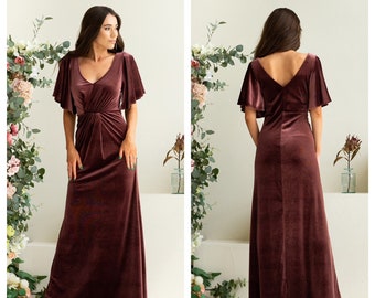 Dusty Rose Velvet Maxi Dress Flutter Sleeves A-Line Style Pesant Dress High Waist Half Sleeve Dress Long Bridesmaid XL Belle Fall Dress