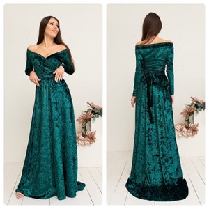 Marble Emerald Velvet Dress Off Shoulder A-line Prom Long Sleeve Dress Maxi Slit Dress Bridesmaid Long Train Dress Off sleeve Prom Gown