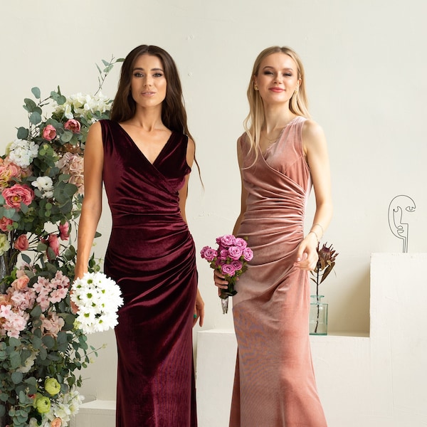 English Rose Velvet Bridesmaid Dress Velvet Draped Formal Sleeveless Royal Velvet Floor Length Backless Gown Slip Top Maxi Photoshoot Dress