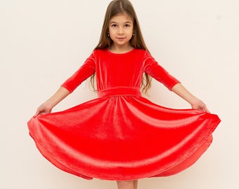 Coral Girls Velvet A line Party Dress Midi Velvet Girls Winter Holiday Girls Dress First communion dress Young Girls Dress Flower Girl Dress